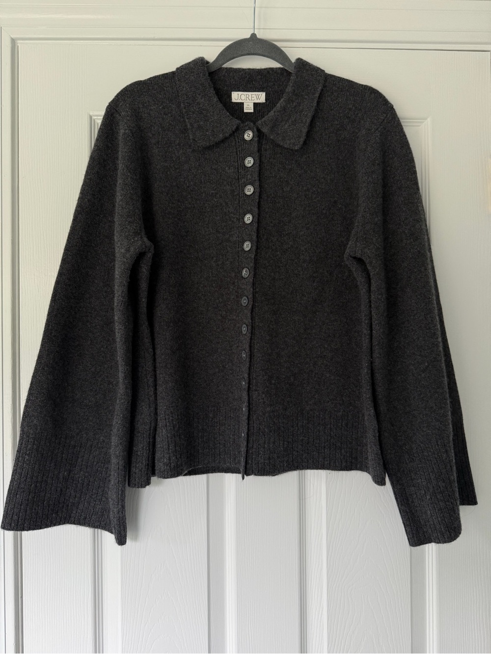 J. Crew Women’s Gray Collar Cardigan Fitted Wide Sleeve Lambs Wool Sweater - XL